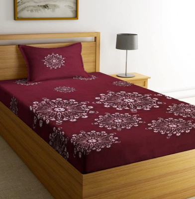 uranus niyafab 200 TC Polycotton Single Printed Fitted (Elastic) Bedsheet(Pack of 1, Maroon)