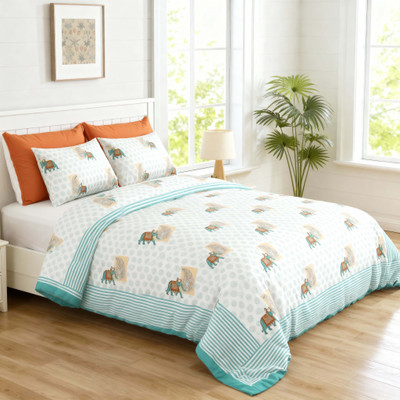 Loomweft Cotton King Flat 300 TC Printed Bedsheet(Pack of 1, Elephant Green)