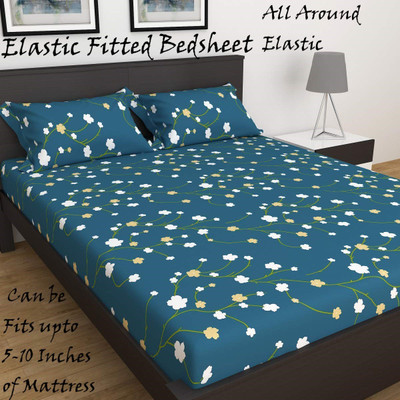 Amrange 210 TC Cotton King Floral Fitted (Elastic) Bedsheet(Pack of 1, Green Petal)
