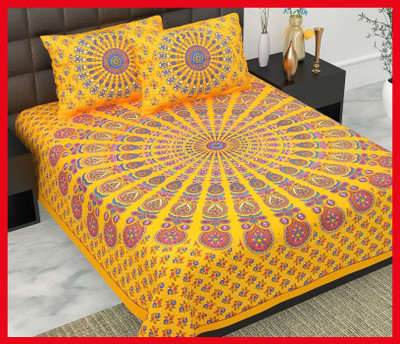 BedZone Cotton Double Flat 240 TC Jaipuri Prints Bedsheet(Pack of 1, Yellow)