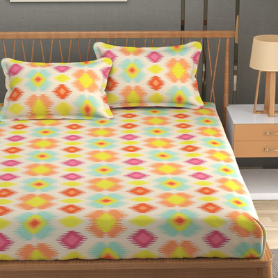 sabhya creation Cotton King Fitted (Elastic) 144 TC Printed Bedsheet(Pack of 1, Orange)