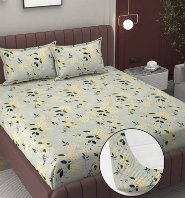 Rumps Cotton, Microfiber King Fitted (Elastic) 350 TC Self Design Bedsheet(Pack of 1, white life)