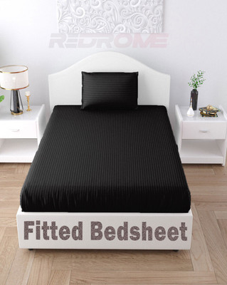 REDROME Cotton Single Fitted (Elastic) 300 TC Striped Bedsheet(Pack of 1, Black)