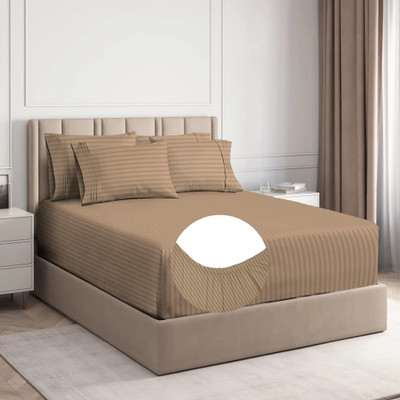 BSB HOME 220 TC Cotton King Striped Fitted (Elastic) Bedsheet(Pack of 1, Mouse Brown)