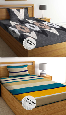 P.Rtrend 210 TC Cotton Single Printed Fitted (Elastic) Bedsheet(Pack of 2, Multicolor)