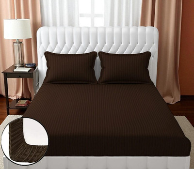RADRUGS 175 TC Cotton Double Striped Fitted (Elastic) Bedsheet(Pack of 1, Brown)