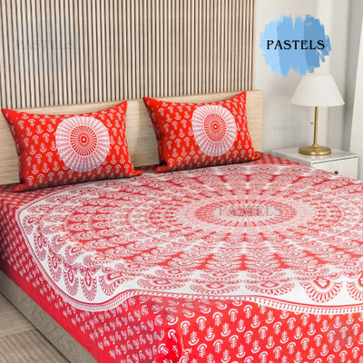Pastels 144 TC Cotton Double Jaipuri Prints Flat Bedsheet(Pack of 1, Red)