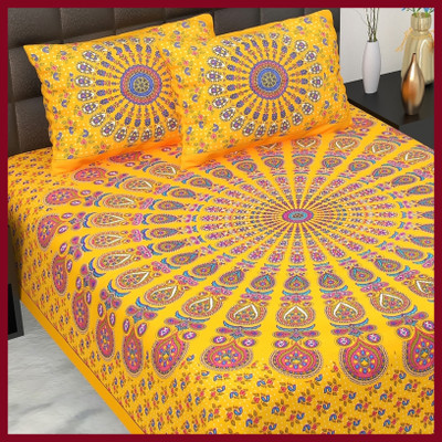 JAIPUR PRINTS 160 TC Cotton Double Jaipuri Prints Flat Bedsheet(Pack of 1, Yellow)