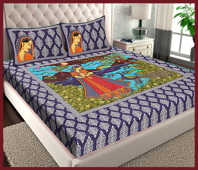 JAIPUR PRINTS Cotton Double Flat 144 TC Jaipuri Prints Bedsheet(Pack of 1, Blue)