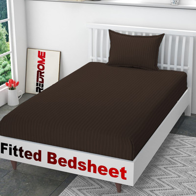 REDROME Cotton Single Fitted (Elastic) 300 TC Striped Bedsheet(Pack of 1, Coffee)