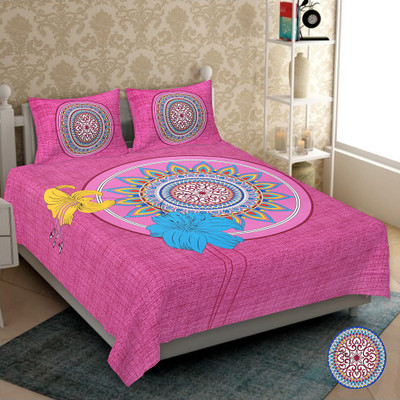 E ELMA 280 TC Cotton Double Jaipuri Prints Flat Bedsheet(Pack of 1, Pink)