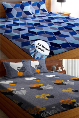 VORDVIGO 220 TC Cotton Queen Abstract Fitted (Elastic) Bedsheet(Pack of 2, Multicolor)