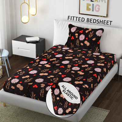 SCHp Woolen, Velvet Single Fitted (Elastic) 240 TC Printed Bedsheet(Pack of 1, B_48)