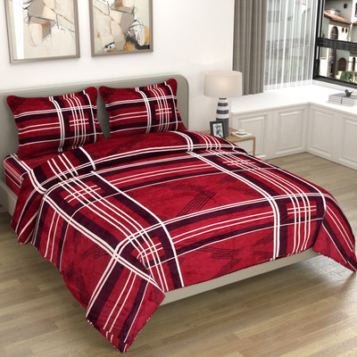Kritarth Handicrafts 250 TC Microfiber Queen Checkered Flat Bedsheet(Pack of 1, Red stripe)