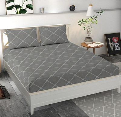 BELVOSTUM 144 TC Microfiber Double Checkered Flat Bedsheet(Pack of 1, Grey)