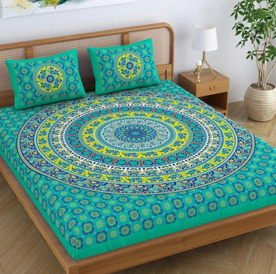 PahalArts Cotton Double Flat 144 TC Jaipuri Prints Bedsheet(Pack of 1, Green, Blue, Yellow, Black)