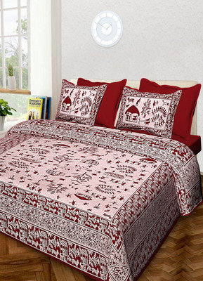 PALANG SHOBHA Cotton King Flat 120 TC Jaipuri Prints Bedsheet(Pack of 1, Maroon)
