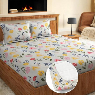 OLDENNA 212 TC Microfiber King Floral Fitted (Elastic) Bedsheet(Pack of 1, White)