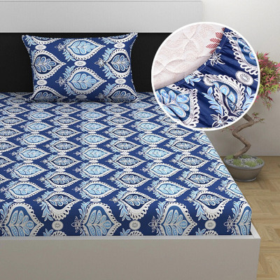 Divine Casa Cotton Single Fitted (Elastic) 144 TC Floral Bedsheet(Pack of 1, Blue Ribbon)