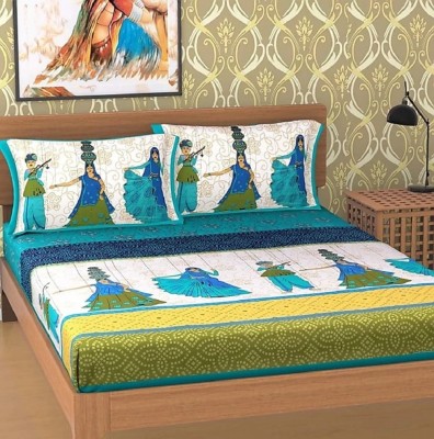 SHRI RADHIKA DESIGNS 144 TC Cotton King Jaipuri Prints Flat Bedsheet(Pack of 1, Blue)
