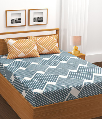 BLUEDOT Cotton Double Fitted (Elastic) 220 TC Abstract Bedsheet(Pack of 1, Grey, Beige)