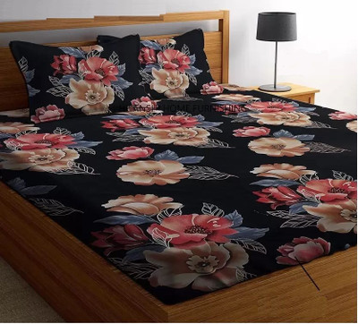 ABC Cotton Double Fitted (Elastic) 210 TC Printed Bedsheet(Pack of 1, golden)