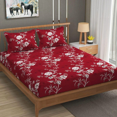 SHOPHOX Cotton Double, King Fitted (Elastic) 210 TC Printed Bedsheet(Pack of 1, Red)