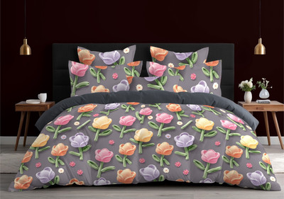 DECOR2ADMIRE Cotton Super King Flat 300 TC Printed Bedsheet(Pack of 1, 7D Dark Grey Floral)