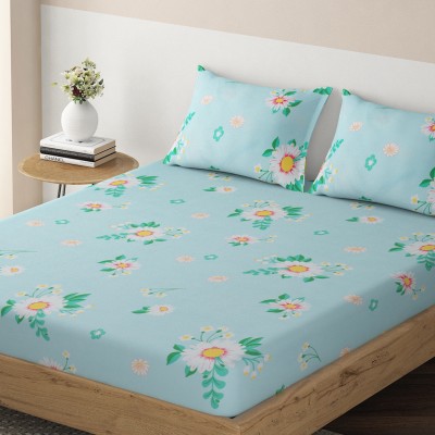 HOKiPO 220 TC Microfiber Double Floral Fitted (Elastic) Bedsheet(Pack of 1, Floral Rhine Blue)