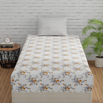 Huesland 144 TC Cotton Single Floral Flat Bedsheet(Pack of 1, White, Tangerine & Grey)