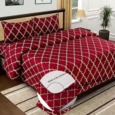 BlinkBerry Cotton Double, King Fitted (Elastic) 250 TC Printed Bedsheet(Pack of 1, Luxury Chen Design White Wrinkle Free Soft Bedsheet)