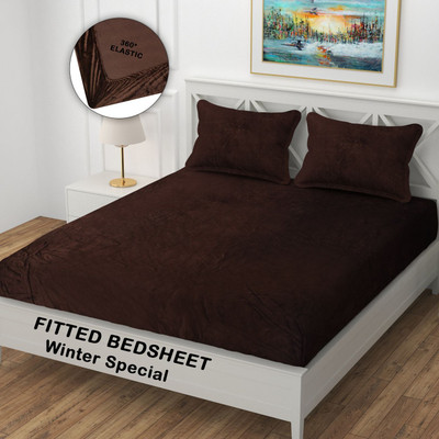 Arshi Woolen Double Fitted (Elastic) 210 TC Solid Bedsheet(Pack of 1, Coffee Brown)