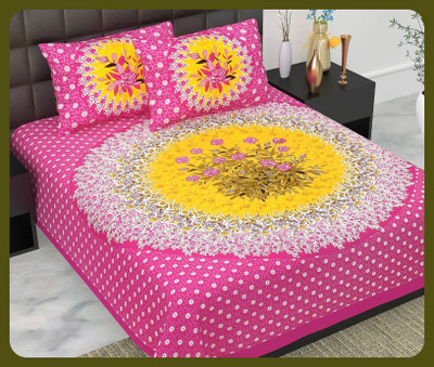 BedZone Cotton Double Flat 240 TC Jaipuri Prints Bedsheet(Pack of 1, Pink)