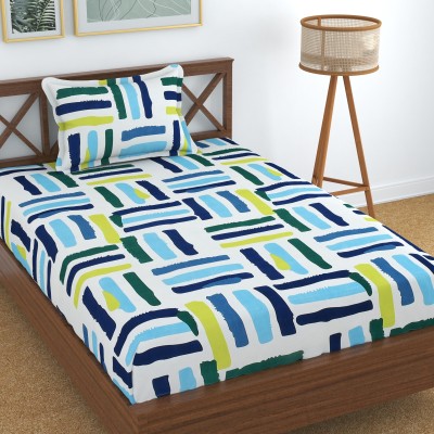 Homefab India 180 TC Microfiber Single Printed Flat Bedsheet(Pack of 1, White, Blue)