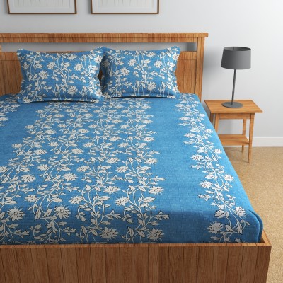 Homefab India 180 TC Cotton Double Printed Flat Bedsheet(Pack of 1, Light Blue)