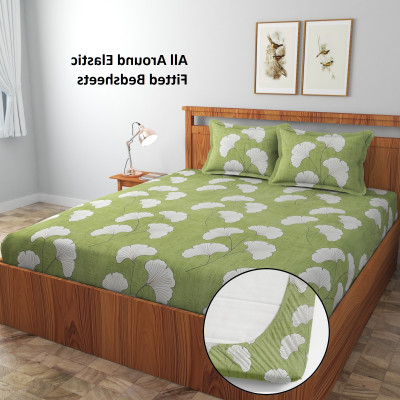 Ethe Home 280 TC Cotton King Printed Fitted (Elastic) Bedsheet(Pack of 1, Green)