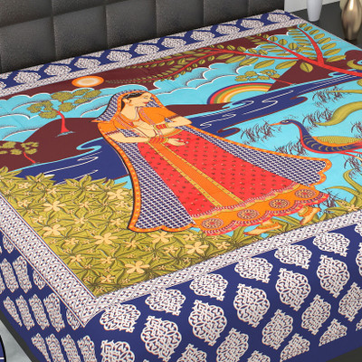 E ELMA Cotton Double Flat 144 TC Printed Bedsheet(Pack of 1, Blue)
