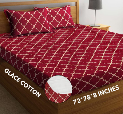SHOPHOX 210 TC Cotton Double, King Printed Fitted (Elastic) Bedsheet(Pack of 1, Red)