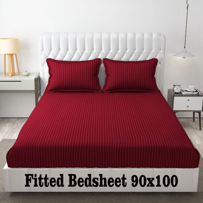 roman 300 TC Cotton Double Striped Fitted (Elastic) Bedsheet(Pack of 1, Design002)