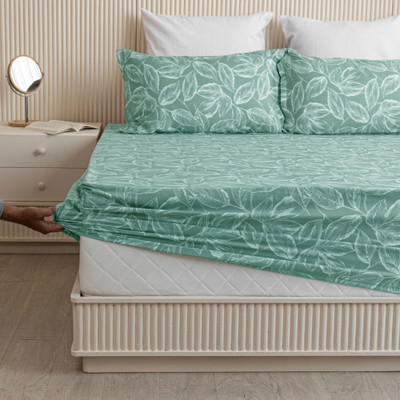 HOMEMONDE Cotton Queen Fitted (Elastic) 210 TC Printed Bedsheet(Pack of 1, Aqua Blue)