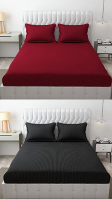 n g products Satin Double Fitted (Elastic) 300 TC Striped Bedsheet(Pack of 2, Maroon & Grey)