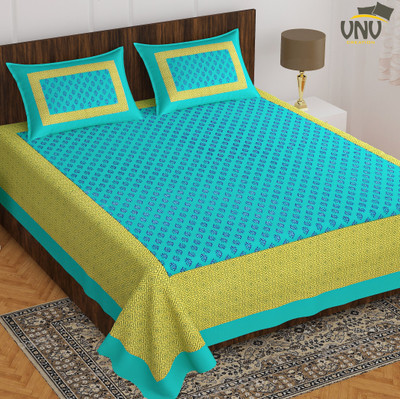 VNV Creation 144 TC Cotton Double Jaipuri Prints Flat Bedsheet(Pack of 1, Blue, Green)