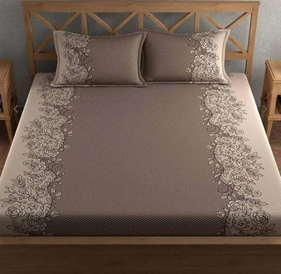 OM SAI DECOR Cotton King Fitted (Elastic) 350 TC Floral Bedsheet(Pack of 1, Dark Grey)
