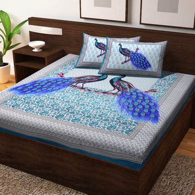 Poorak 104 TC Cotton Double Jaipuri Prints Flat Bedsheet(Pack of 1, Blue)