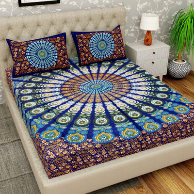 Cosito Cotton Double Flat 144 TC Jaipuri Prints Bedsheet(Pack of 1, Dark Blue, Multicolor)