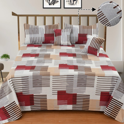 NCS Cotton Double Flat 300 TC Striped Bedsheet(Pack of 1, 1 Bedsheet + 2 Quilted PillowCover + 2 Quilted CushionCovers with Filler)