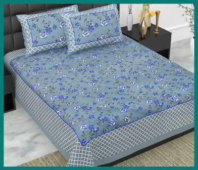 BedZone Cotton Double Flat 240 TC Jaipuri Prints Bedsheet(Pack of 1, Grey)