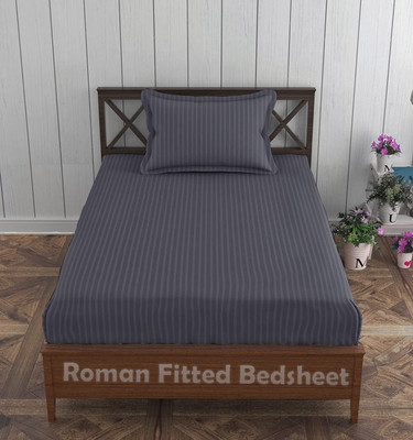 EVAN 300 TC Cotton Single Striped Fitted (Elastic) Bedsheet(Pack of 1, Dark Grey)