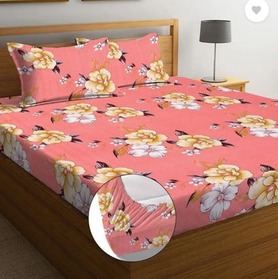 BeddingZone Cotton Double Fitted (Elastic) 300 TC Floral Bedsheet(Pack of 1, Pink)