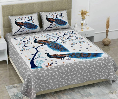 BharatLinen Cotton Queen Flat 144 TC Animal Bedsheet(Pack of 1, Grey)